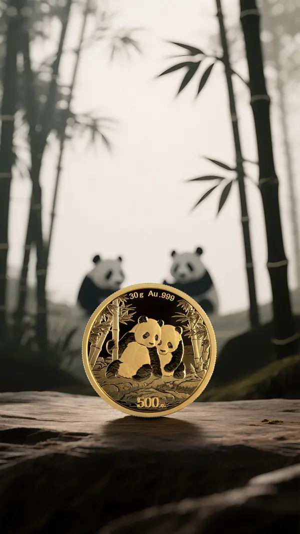 Kineska Panda zlatnik - kompletni prikaz kovanice sa pandama i Hramom Neba