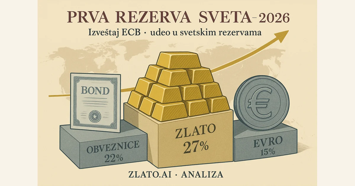 Zlato 27% svetskih rezervi: evro pao na treće mesto — investiciono zlato Srbija